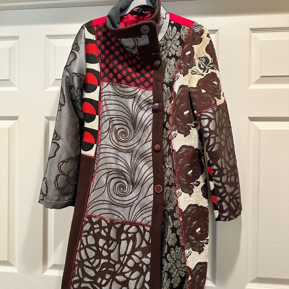 Desigual Artistic Red and Brown Trench Coat